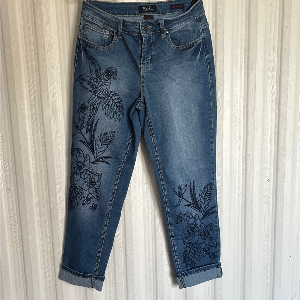 EARL Embroidered Ankle Cuff Blue Jeans with Tropical Floral Design Womens 6